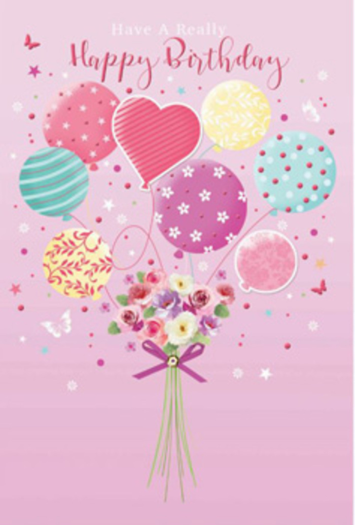 This birthday-themed artwork evokes the feeling of stepping out in South Ruislip with a fresh bouquet and balloons in hand, ready to surprise someone special. Set against a smooth, pastel pink backdrop, the composition centres on a whimsical cluster of balloons that seems to lift a delicate garden skyward. The balloons are painted in gentle shades of blush, mint, lemon, and lavender, each one decorated with its own playful style: swirling ribbons, neat stripes, dancing polka dots, and even a luminous heart shape that glows with soft fuchsia and peach. Their glossy finish suggests they're catching a soft, ambient light, the way balloons might gleam outside a party venue just off Victoria Road. Beneath this pastel cloud, a petite bouquet is gathered as though it were being carried along by the strings. Creamy ivory roses mingle with petal-rich, anemone-like blooms in blush and dusky mauve, their petals delicately layered and velvety, hinting at that just-opened freshness you'd expect from a local florist's morning delivery. Subtle sprigs of greenery peek from between the flowers, adding gentle depth without challenging the soothing colour palette. The stems meet neatly at the base, secured by a vivid purple bow, satin-smooth and slightly sparkling in the light, lending a sense of care and completeness to the arrangement. Around the main design, tiny stars, dots, and a few fluttering butterflies drift as if caught in a slow dance, suggesting confetti in the air after a birthday toast. The overall impression is one of tender festivity - a visual birthday wish that feels both playful and elegant, echoing the warmth and neighbourly spirit of South Ruislip.