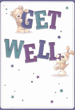 From the first glance, this delightful get well card exudes a sense of kindness and lightness, reminiscent of South Ruislip's warm community. The imagery features a snuggly teddy perched confidently at the top of 'GET,' radiating hope through its rounded cuddly frame, while a playful puppy nestles under 'WELL,' lending cheerfulness with every wag of its illustrated tail. Deep purples and teal shades color the text, infusing it with visual depth that mirrors the vibrancy of Ruislip's bustling shops and tranquil parks. Scattered stars, softly glowing in blues and violets, hint at both wonder and healing, like the evening stars visible over local gardens. The clean, white background sets off the vivid characters, conjuring a sense of freshness as welcoming as a bouquet designed by Florist South Ruislip. Each expressive detail and gentle curve offers emotional warmth, carefully composed to bring a bright moment to someone recovering nearby. This card is a nurturing gesture, as lovingly created as a floral arrangement delivered across the neighbourhood.