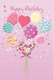 This delightful birthday image feels like a little scene of celebration unfolding somewhere between the quiet streets and green pockets of South Ruislip. The backdrop is a powder-soft pink, creating an inviting, warm canvas that instantly suggests festivity. In the centre, a buoyant cluster of pastel balloons rises upward as if caught in a gentle breeze. Each balloon has its own decorative flair: some are wrapped in candy-like stripes of rose, aqua, and pale yellow; others are speckled with bright polka dots and tiny stars. A heart-shaped balloon glows near the middle, its shades of blush and lilac radiating a sense of love and affectionate birthday wishes. Tethered beneath this airy collection is a hand-tied bouquet that seems to float with the balloons. Roses in creamy ivory and blush pink intermingle with soft, anemone-inspired blossoms in mauve, their petals layered and feathery, giving the impression of freshly opened blooms arranged with care. Slight touches of greenery peek out here and there, adding natural contrast without overwhelming the pastel tones. At the base, a violet satin bow gathers the stems neatly, its sheen catching the imaginary light like a final, thoughtful flourish from an expert florist. Scattered around the main motif, delicate butterflies and shimmering star-like shapes provide a sense of enchantment, as if confetti and petals were drifting together above a birthday gathering near local parks. The mood is light, whimsical, and warmly joyful - a visual birthday greeting that captures the feeling of being surprised with both balloons and flowers, thoughtfully presented in the gentle, welcoming spirit of South Ruislip.