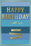 This birthday card showcases a tranquil yet festive design, built on a foundation of blue tones that could easily mirror the soft skies above South Ruislip on a clear day. The front is divided into broad horizontal stripes, each stripe a unique shade of blue, moving gracefully from dark at the bottom to light at the top. Deep navy and inky blue anchor the base, gradually shifting into medium denim, calm teal, and finally a gentle, pale blue near the upper edge. This progression gives the card a serene, spacious feel, as if inviting the viewer to take a slow, deep breath. In the centre, the words "HAPPY BIRTHDAY" are prominently embossed in gold, each letter rendered in tall, neat capitals. The gold foil glows softly, catching the light at different angles like a subtle reflection in a shop window on a sunny day along Victoria Road. The letters are slightly raised, hinting at a satisfying texture under the fingertips. Just beneath, a slender golden flourish sweeps across, its elegant curve reminiscent of classic handwriting. Below the flourish, three narrow gold banners sit stacked in alignment, their smooth edges and gently arched shapes giving a sense of order and care. Together, they carry the message: "Relax, have a great day and enjoy!" The phrases feel like a kind suggestion to slow down and savour the moment, perhaps while unwrapping a bouquet delivered to a home near West End Road. A fine gold border frames the card, tying all the metallic accents together and giving the composition a finished, gallery-like feel. The overall impression is of a refined, calming birthday greeting that pairs beautifully with fresh flowers from a local South Ruislip florist, turning a simple note into a cherished keepsake.